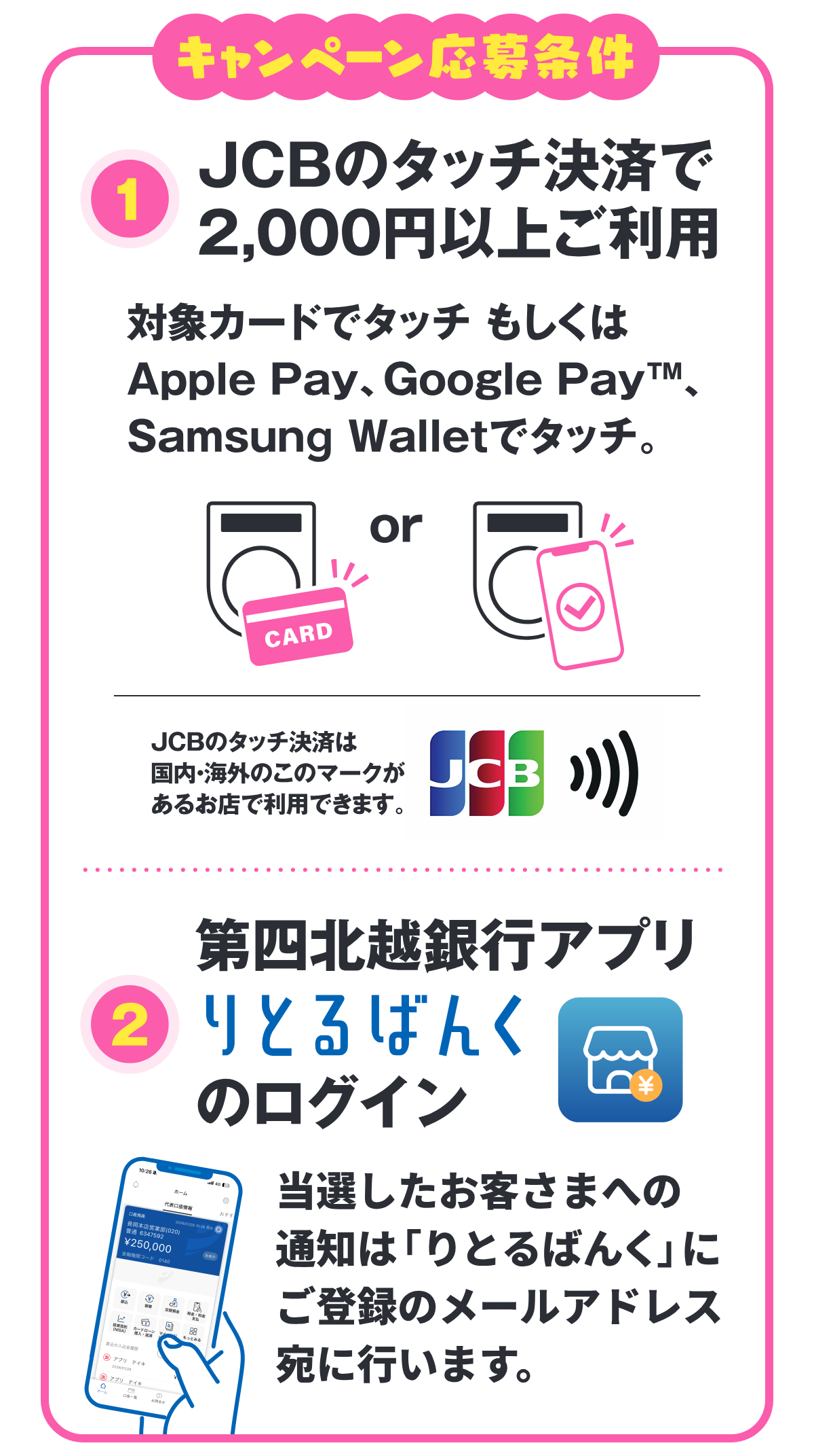 キャンペーン応募条件 1.JCBのタッチ決済で2,000円以上ご利用。対象カードでタッチもしくはApple Pay、Google Pay(TM)、Samsung Walletでタッチ。 2.第四北越銀行アプリ「りとるばんく」のログイン。※当選したお客様への通知は「りとるばんく」にご登録のメールアドレス宛に行います。