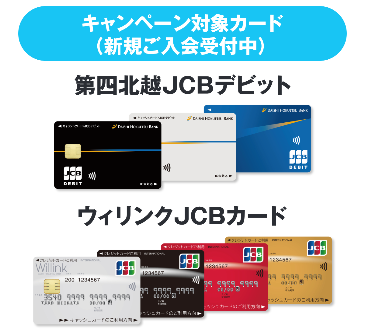 キャンペーン対象カード 第四北越JCBデビット、ウィリンクJCBカード。新規ご入会受付中!